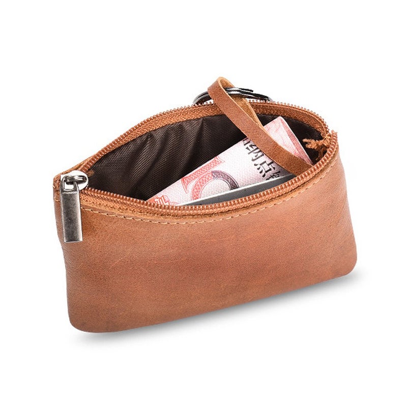 Hibate Brown Small Leather Coin Purse Change Pouch for Women Men Kids with Zip Key Ring - Image 3
